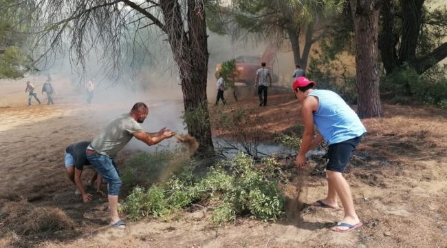 Vatandaşlar ellerinde dallar ve yerden topladıkları kumlarla yangına müdahale etti