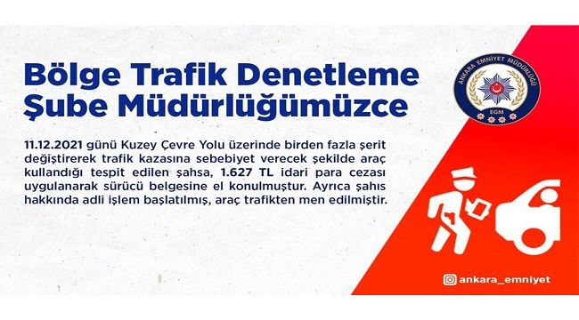 Trafikte birden fazla şerit değiştiren sürücüye bin 627 TL ceza