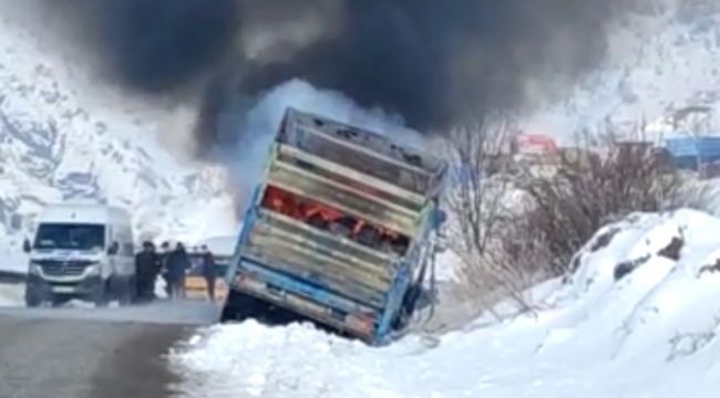 Kamyon alev alev yandı, karayolu trafiğe kapandı